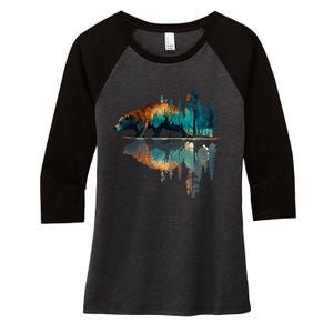 Trees Reflection Wildlife Nature Animal Bear Outdoor Forest Women's Tri-Blend 3/4-Sleeve Raglan Shirt