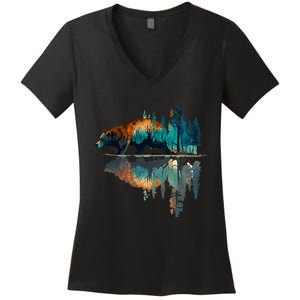 Trees Reflection Wildlife Nature Animal Bear Outdoor Forest Women's V-Neck T-Shirt