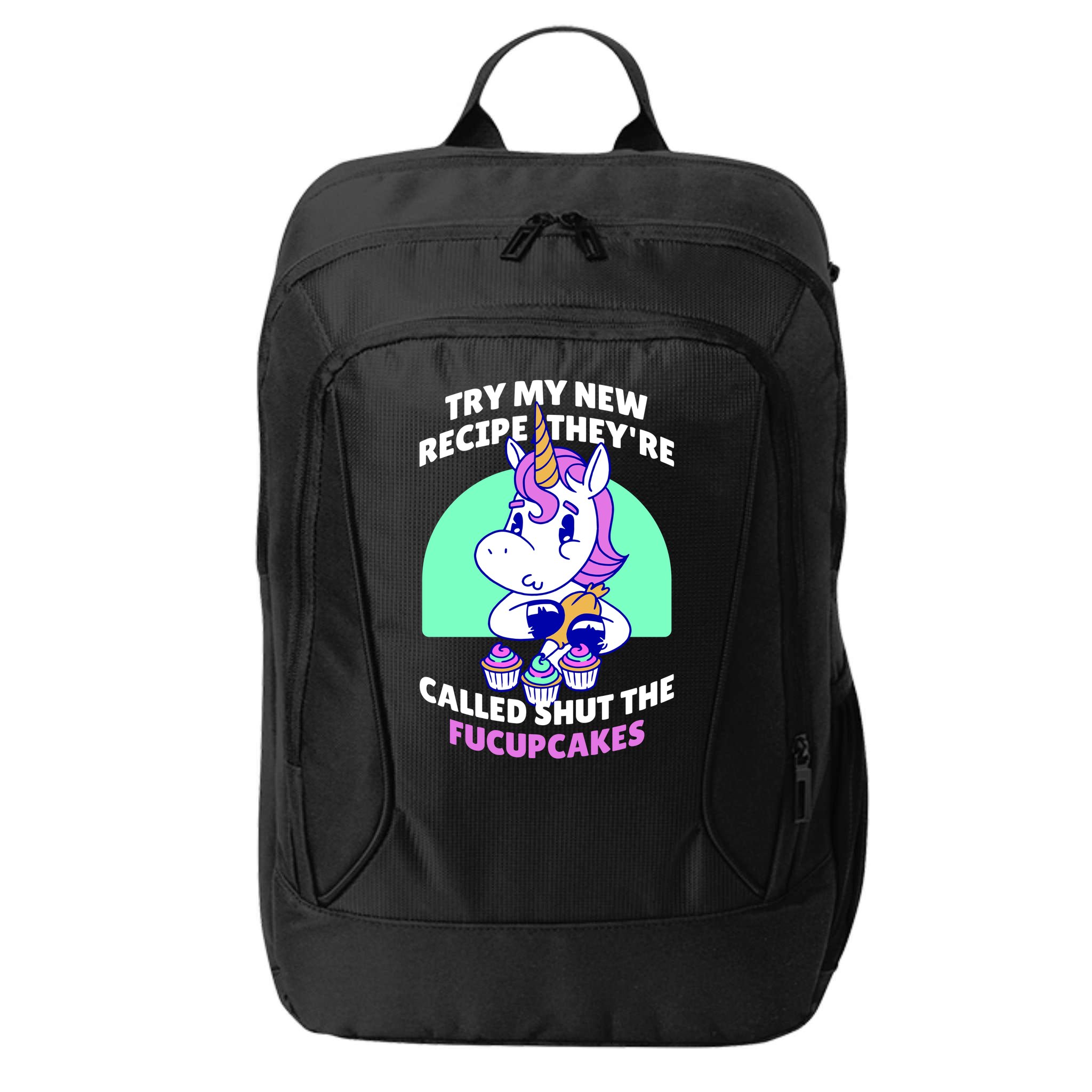 Try My Recipe Shut the Fucupcakes Funny Unicorn City Backpack