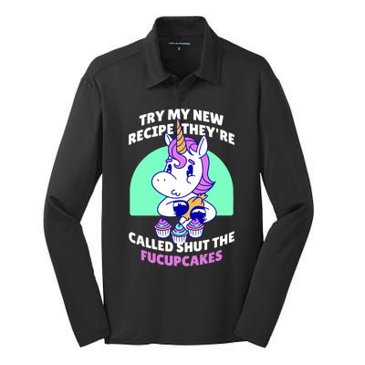 Try My Recipe Shut the Fucupcakes Funny Unicorn Silk Touch Performance Long Sleeve Polo