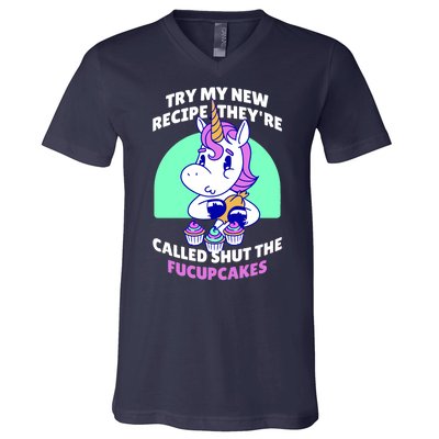 Try My Recipe Shut the Fucupcakes Funny Unicorn V-Neck T-Shirt