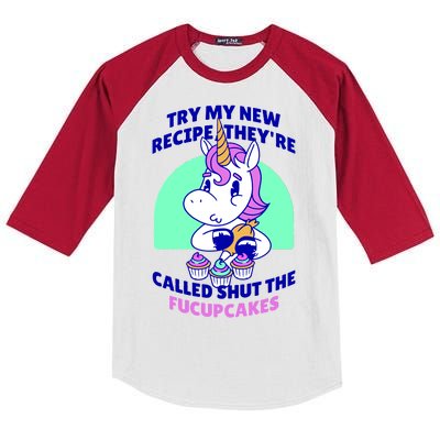 Try My Recipe Shut the Fucupcakes Funny Unicorn Kids Colorblock Raglan Jersey