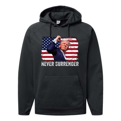 Trump Shot 2024 Rally Never Surrender Performance Fleece Hoodie