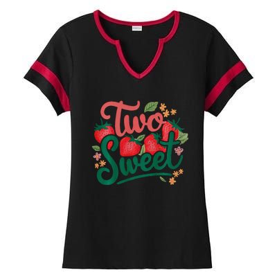 Two Sweet 2nd Birthday Strawberry Theme 2 Year Old Ladies Halftime Notch Neck Tee