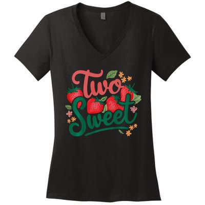 Two Sweet 2nd Birthday Strawberry Theme 2 Year Old Women's V-Neck T-Shirt