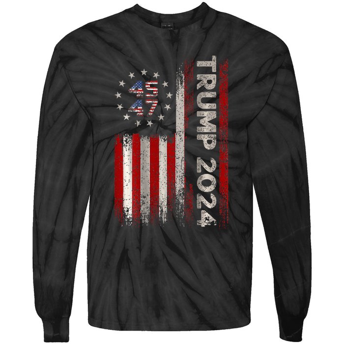 Two Side 45 47 Trump 2024 American Flag (On Back) Tie-Dye Long Sleeve Shirt