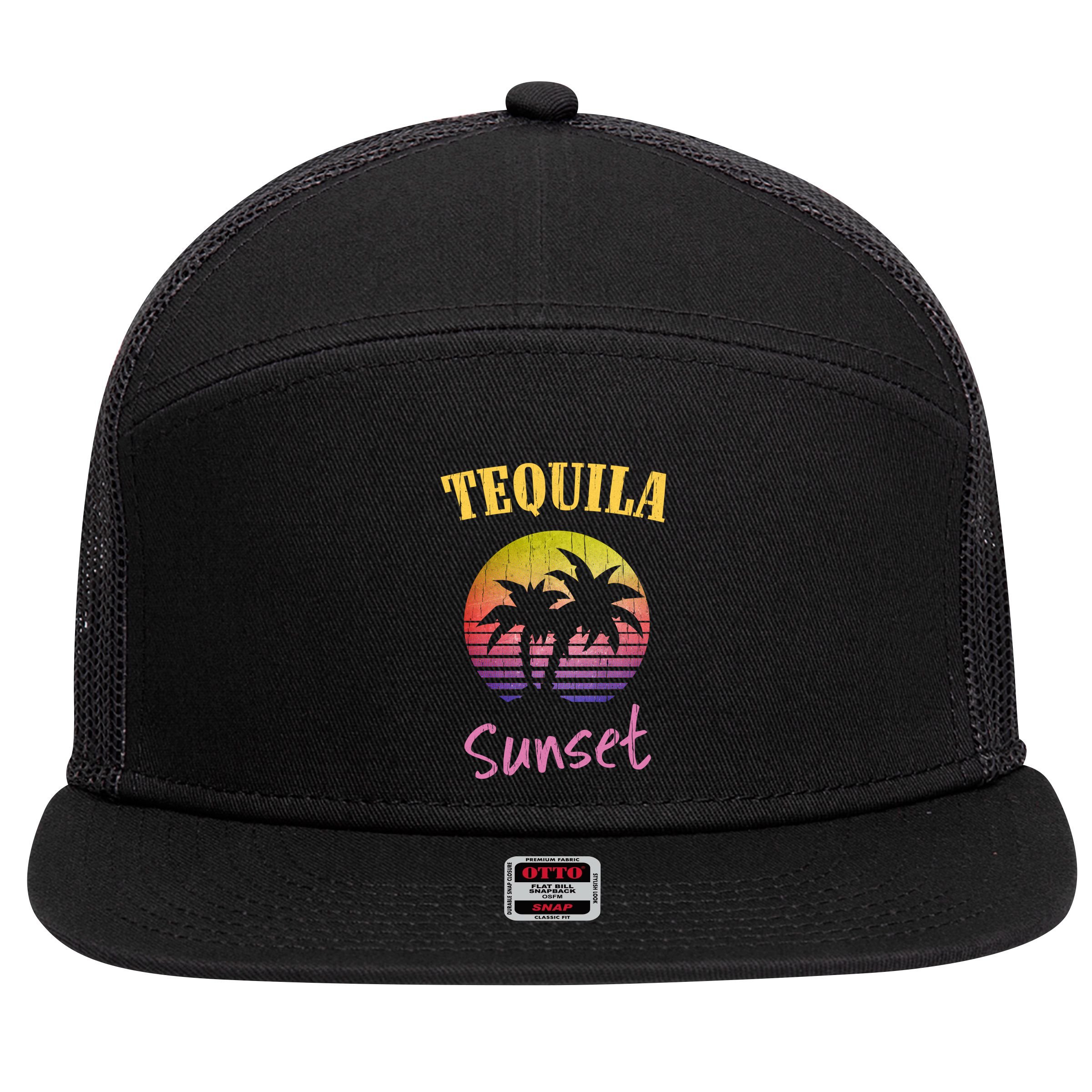 Tequila Sunset 80s Vintage Retro Gift 7 Panel Mesh Trucker Snapback Hat
