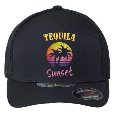 Tequila Sunset 80s Vintage Retro Gift Flexfit Unipanel Trucker Cap