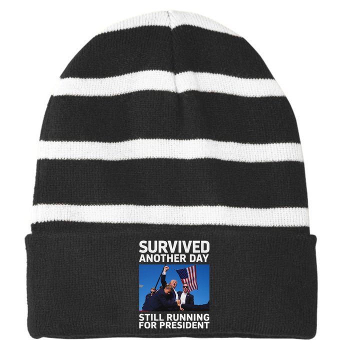 Trump Survived Another Day 2024 Presidential Run Striped Beanie with Solid Band