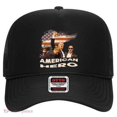 Trump Shot Assassination Attempt American Hero Fist Raised High Crown Mesh Back Trucker Hat
