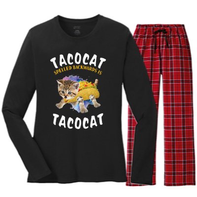 Tacocat Spelled Backward Is Tacocat Cat And Taco Lover Women's Long Sleeve Flannel Pajama Set 