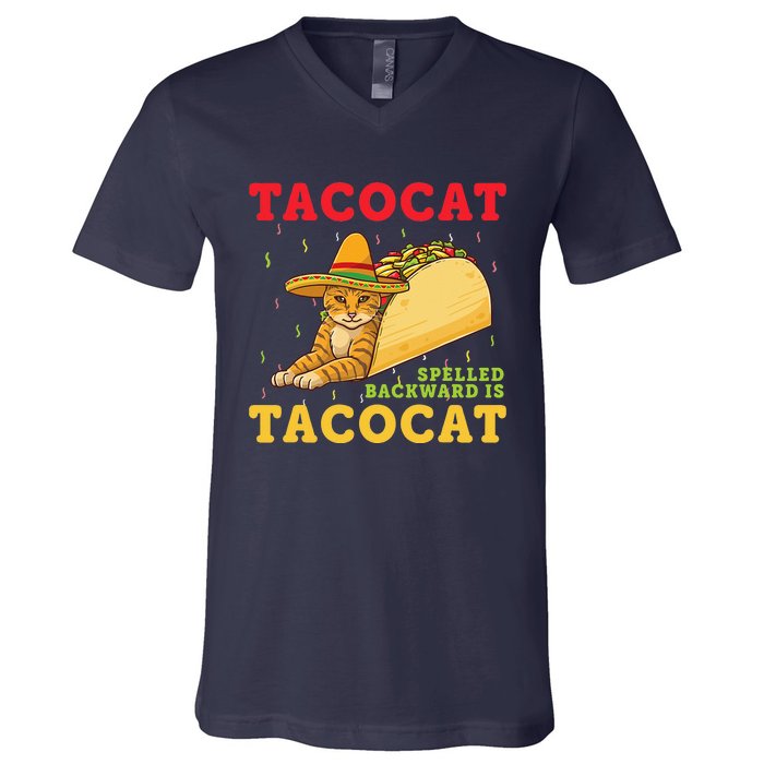 Tacocat Spelled Backwards Tacos And Cats Cinco De Mayo V-Neck T-Shirt