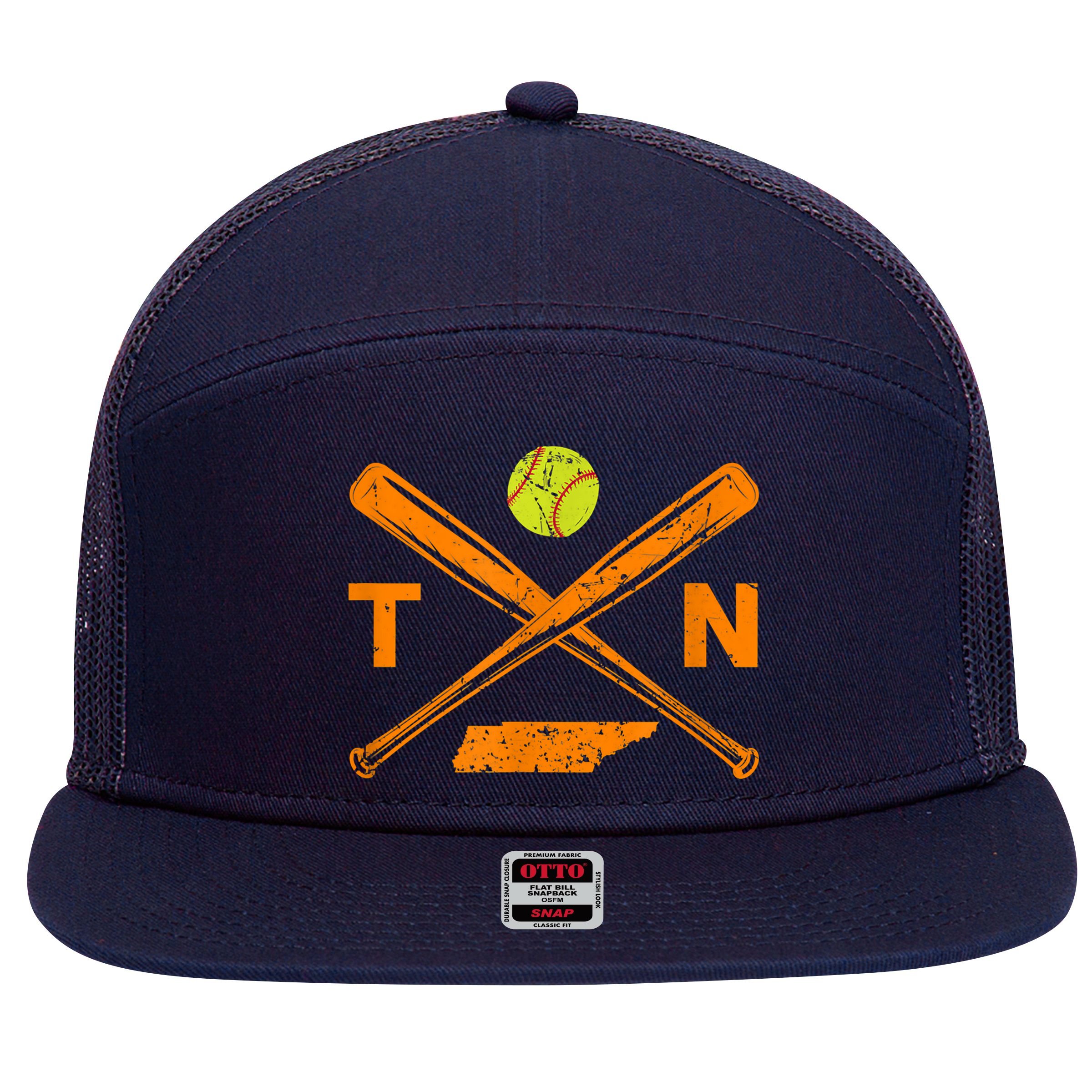 Tennessee Softball Bats & Ball Retro Style Softball Player 7 Panel Mesh Trucker Snapback Hat