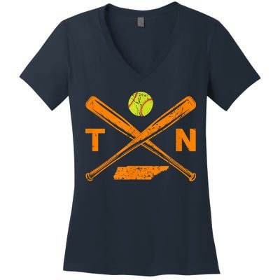 Tennessee Softball Bats & Ball Retro Style Softball Player Women's V-Neck T-Shirt