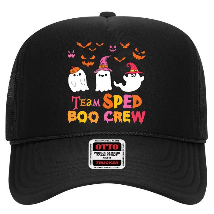 Team Sped Boo Crew Cute Ghost Halloween Costume Teacher High Crown Mesh Back Trucker Hat