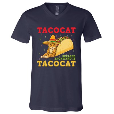 Tacocat Spelled Backwards Tacos And Cats Cinco De Mayo Cat V-Neck T-Shirt