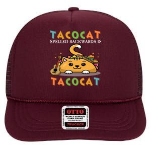 Tacocat Spelled Backward Is Tacocat Love Cat And Taco High Crown Mesh Back Trucker Hat