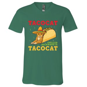 Tacocat Spelled Backwards Tacos and Cats Cinco De Mayo Cat V-Neck T-Shirt