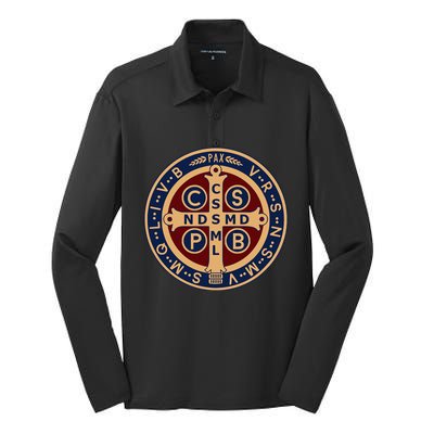 The Saint Benedict Medal Catholic Silk Touch Performance Long Sleeve Polo