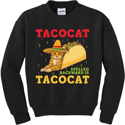 Tacocat Spelled Backwards Tacos and Cats Cinco De Mayo Cat Kids Sweatshirt