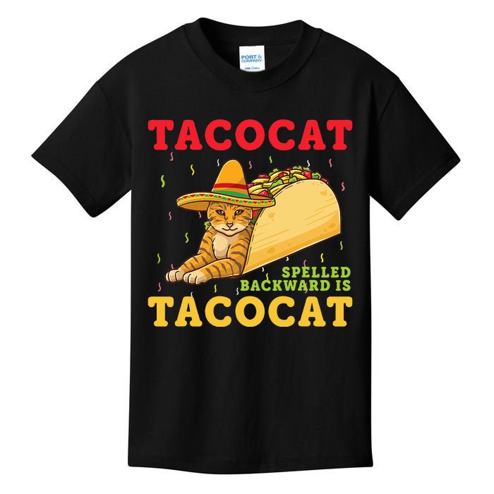 Tacocat Spelled Backwards Tacos and Cats Cinco De Mayo Cat Kids T-Shirt