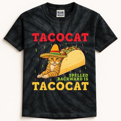 Tacocat Spelled Backwards Tacos and Cats Cinco De Mayo Cat Kids Tie-Dye T-Shirt