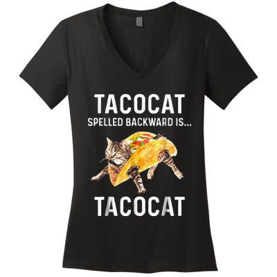 Tacocat Spelled Backward Is Tacocat Love Cat And Taco Women's V-Neck T-Shirt