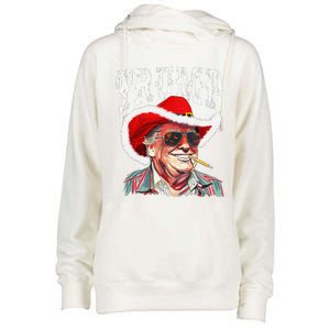 Trump Santa Cowboy Hat Christmas Texas Western Howdy Xmas Womens Funnel Neck Pullover Hood