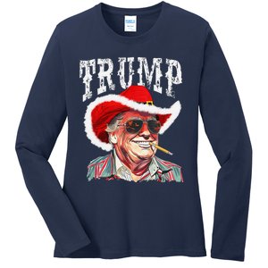 Trump Santa Cowboy Hat Christmas Texas Western Howdy Xmas Ladies Long Sleeve Shirt