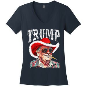 Trump Santa Cowboy Hat Christmas Texas Western Howdy Xmas Women's V-Neck T-Shirt