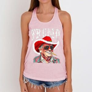 Trump Santa Cowboy Hat Christmas Texas Western Howdy Xmas Women's Knotted Racerback Tank