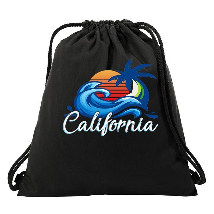 Tropical Sunset Cali Beach Waves Surfing USA California Drawstring Bag