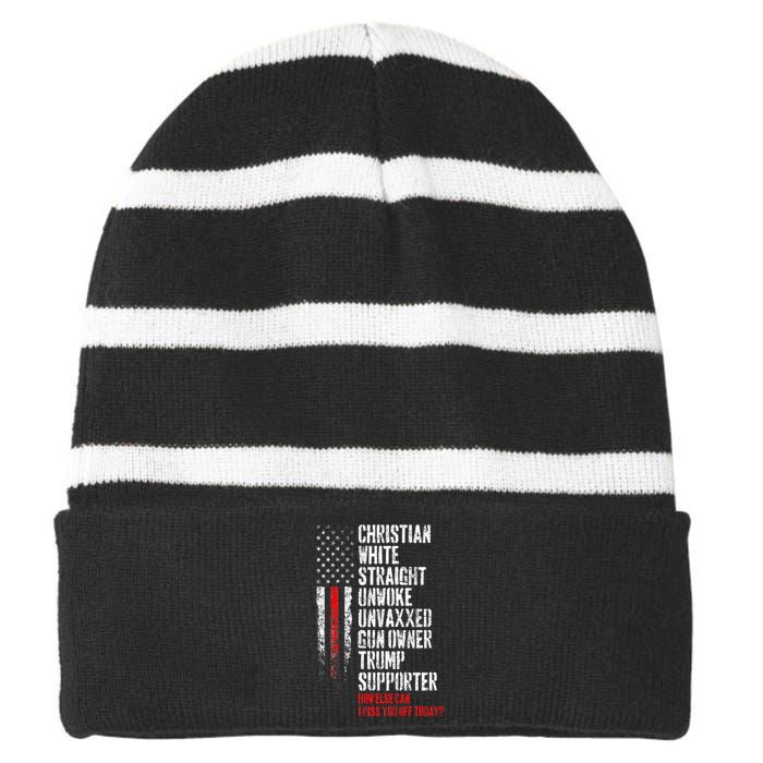 Trump Supporter Christian White Straight Unwoke Unvaxxed Striped Beanie with Solid Band