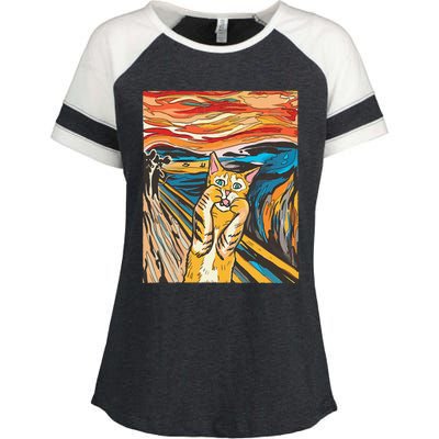 The Scream Cat Parody Funny Cat Parody Art Painting Enza Ladies Jersey Colorblock Tee