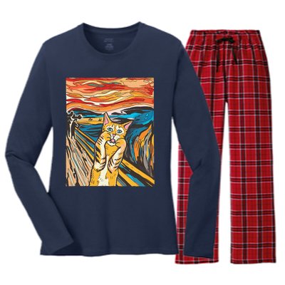 The Scream Cat Parody Funny Cat Parody Art Painting Women's Long Sleeve Flannel Pajama Set 