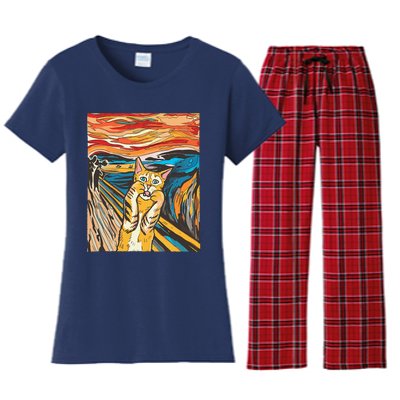 The Scream Cat Parody Funny Cat Parody Art Painting Women's Flannel Pajama Set