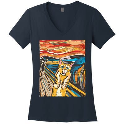 The Scream Cat Parody Funny Cat Parody Art Painting Women's V-Neck T-Shirt