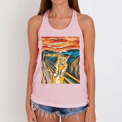 The Scream Cat Parody Funny Cat Parody Art Painting Women's Knotted Racerback Tank