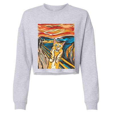 The Scream Cat Parody Funny Cat Parody Art Painting Cropped Pullover Crew