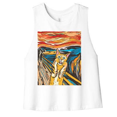 The Scream Cat Parody Funny Cat Parody Art Painting Women's Racerback Cropped Tank