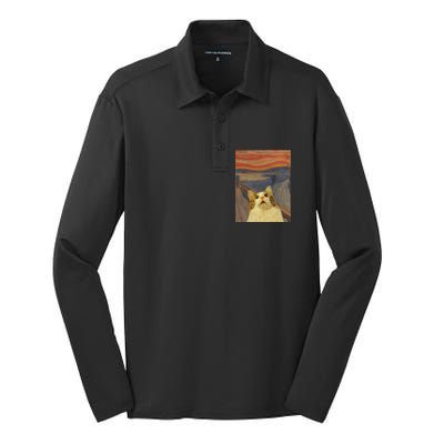 The Scream Cat Funny Classic Painting Silk Touch Performance Long Sleeve Polo