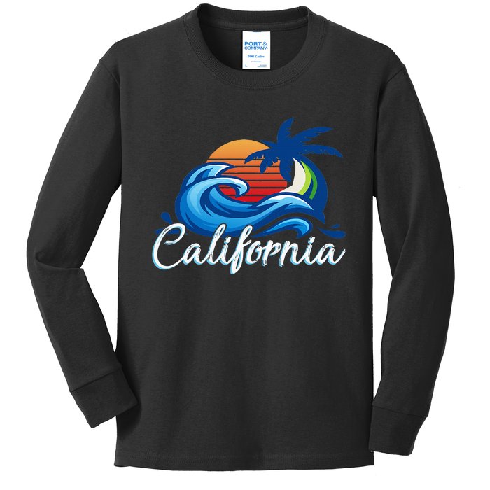 Tropical Sunset Cali Beach Waves Surfing Usa California Kids Long Sleeve Shirt