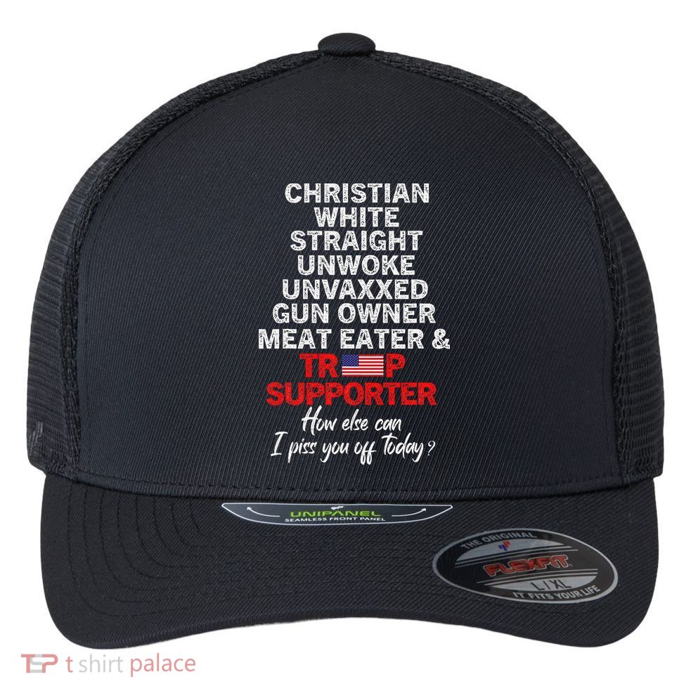 Trump Supporter Christian White Straight Unwoke Unvaxxed Flexfit Unipanel Trucker Cap