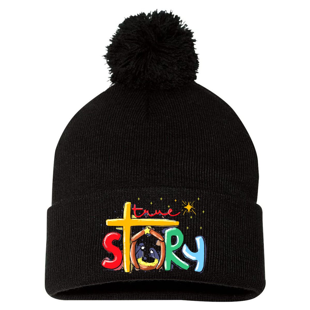 True Story Christmas Nativity Jesus Christian Pom Pom 12in Knit Beanie