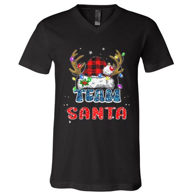 Team Santa Claus Hat Buffalo Plaid Christmas Matching Family V-Neck T-Shirt