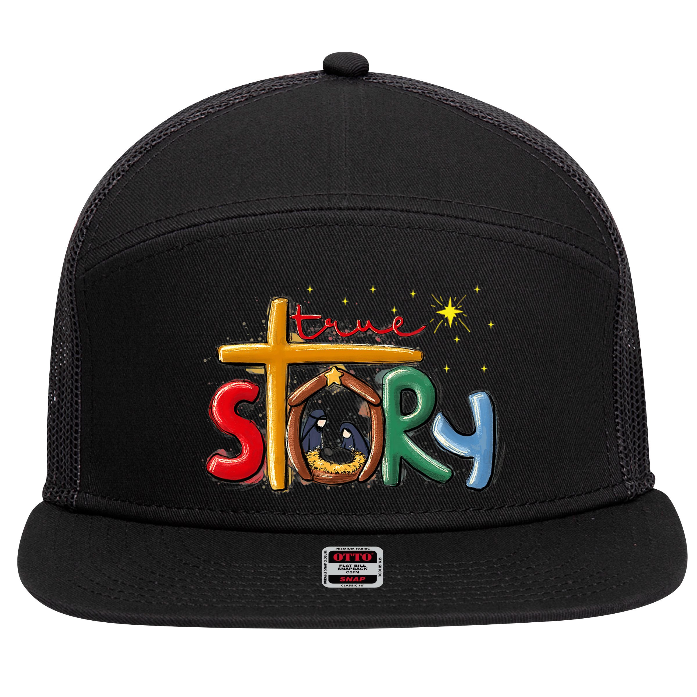 True Story Christmas Nativity Jesus Christian Christmas Premium 7 Panel Mesh Trucker Snapback Hat
