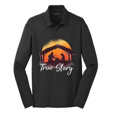 True Story Christmas Nativity Scene Manger Catholic Gifts Silk Touch Performance Long Sleeve Polo