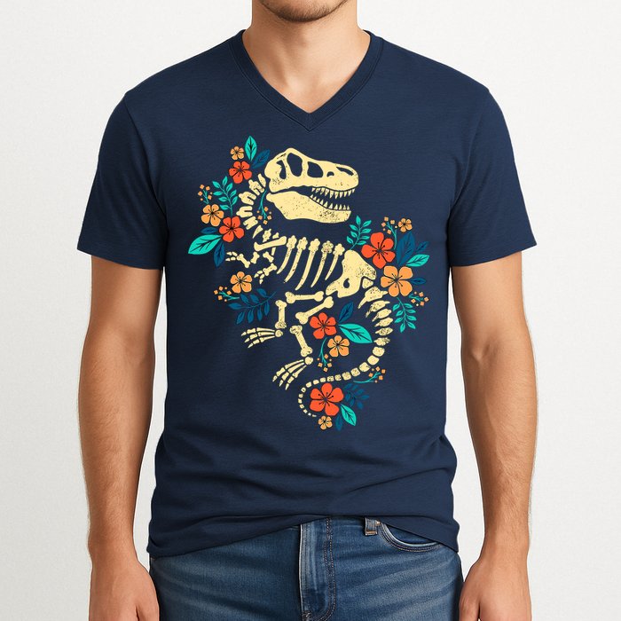 Trex Skeleton Dino Bones Paleontologist Fossil Dinosaur V-Neck T-Shirt