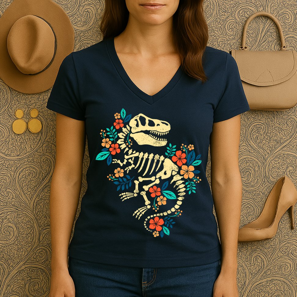 Trex Skeleton Dino Bones Paleontologist Fossil Dinosaur Women's V-Neck T-Shirt