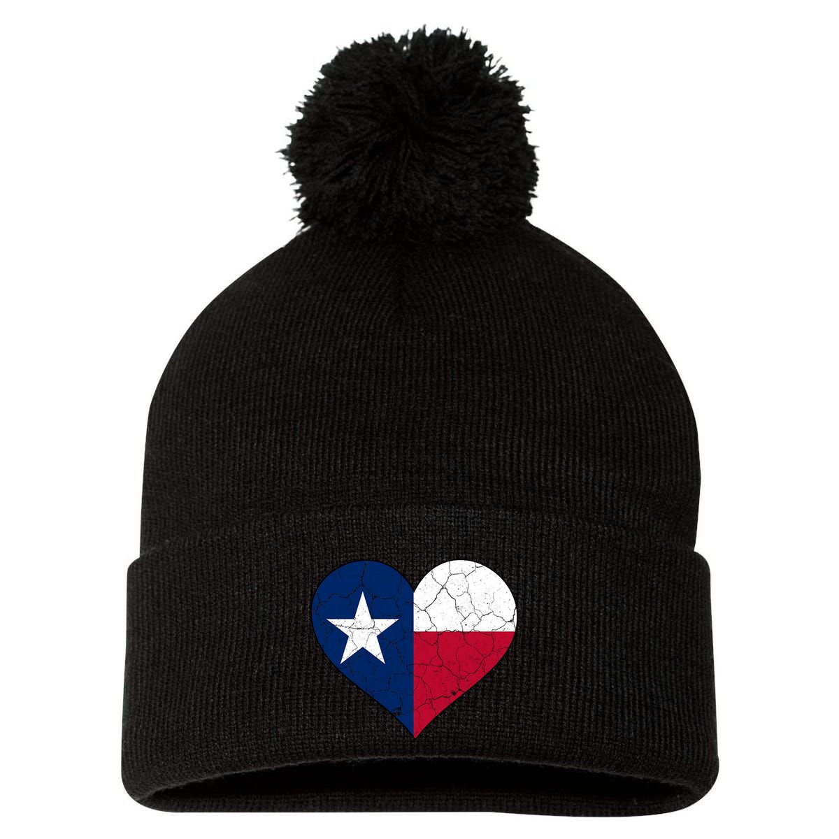 Texas Strong Distressed Heart Pom Pom 12in Knit Beanie